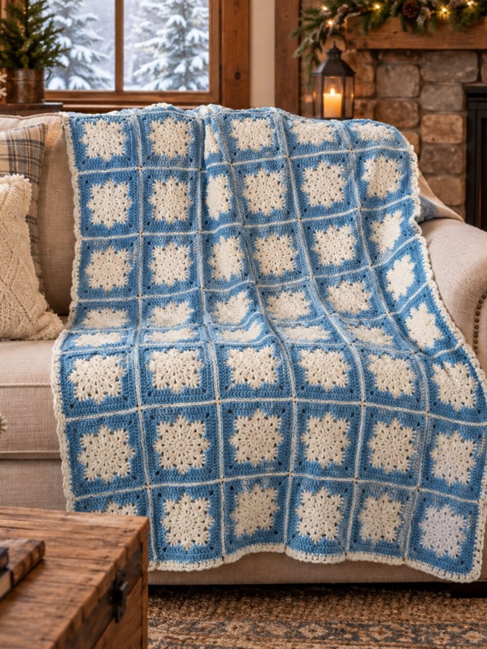 Handmade Granny Square Lapghan Snow Flake Blue and White Size 47"X36" #Cozy